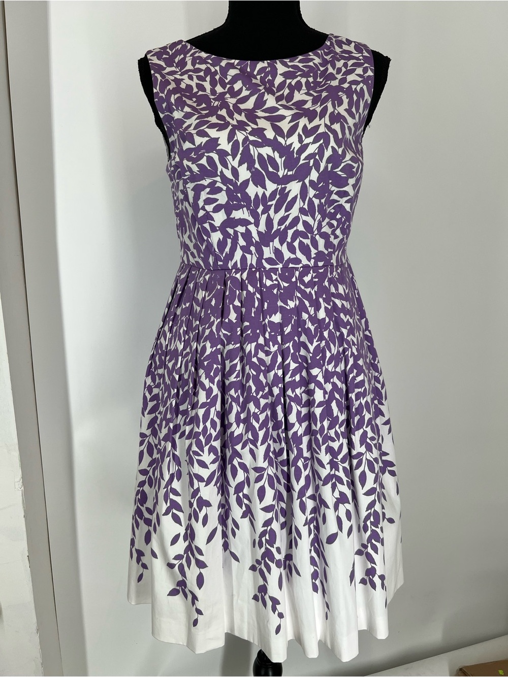 Talbots Purple and White Leaf-Print Sleeveless Fit and Flair Midi Dress